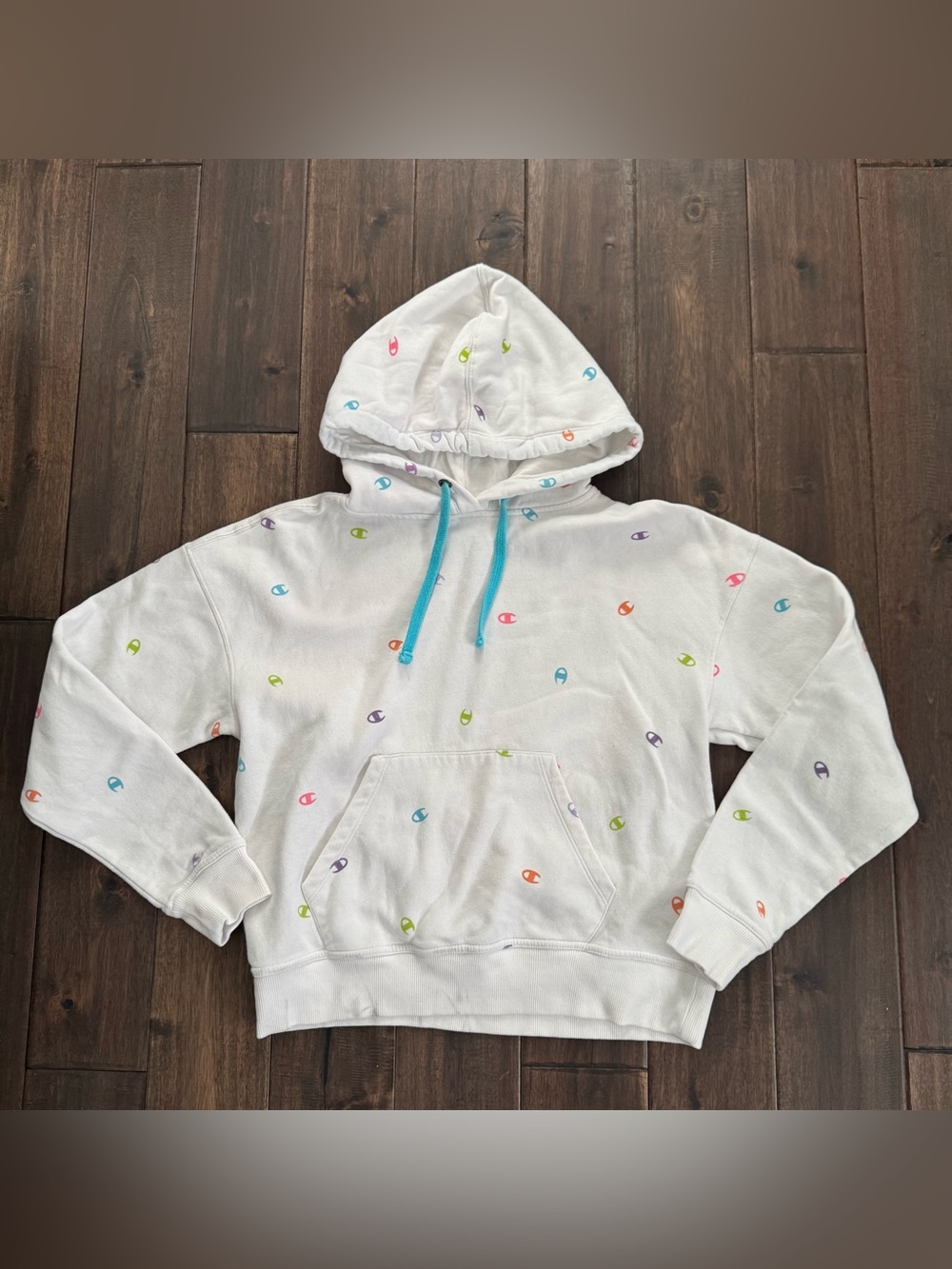 Champion White Multicolor Logo Hoodie Girls XS